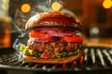 Sizzling Gourmet Burger on Grill with Smoke.