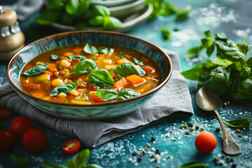 Homemade Fresh Vegetable Soup with Basil.