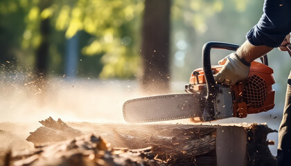 A man is using a chainsaw to cut wood - obrazy, fototapety, plakaty