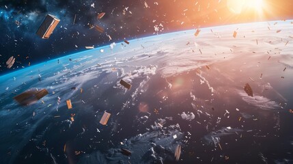 This 3D illustration depicts the growing issue of space junk swirling around Earth, a visual commentary on pollution beyond our planet and the need for sustainable practices in space exploration.