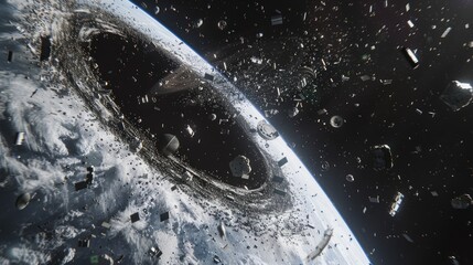 This 3D illustration depicts the growing issue of space junk swirling around Earth, a visual commentary on pollution beyond our planet and the need for sustainable practices in space exploration. - obrazy, fototapety, plakaty