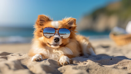 A dog is wearing sunglasses and laying on the beach
