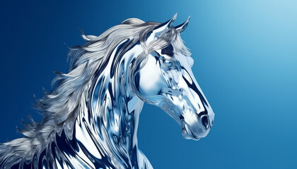 A silver horse is running on a blue background