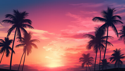 Fototapeta na wymiar A beautiful sunset over the ocean with palm trees in the background