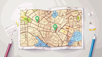 Paper map with marker in sketch style on white isolat