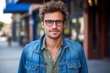 Portrait of handsome young man with eyeglasses in the city - obrazy, fototapety, plakaty