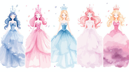 Pastel Princess Watercolor Flat vector isolated on white