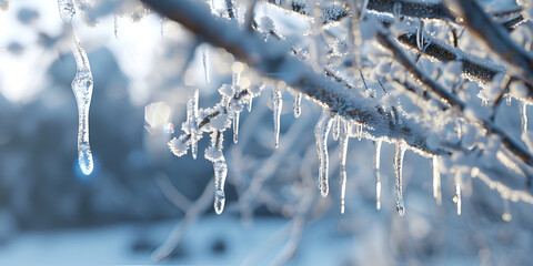  A group icicles hanging tree branch with snow on top blue sky background - obrazy, fototapety, plakaty