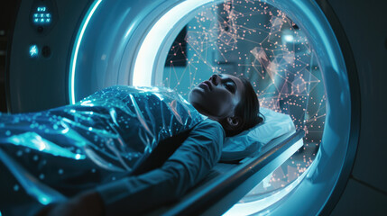 A woman laying down inside an MRI scanner with holographic projections coming out from her head