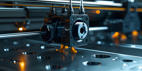 Modern 3d printer printing figure macro. automatic three dimensional plastic blue gray blurred background