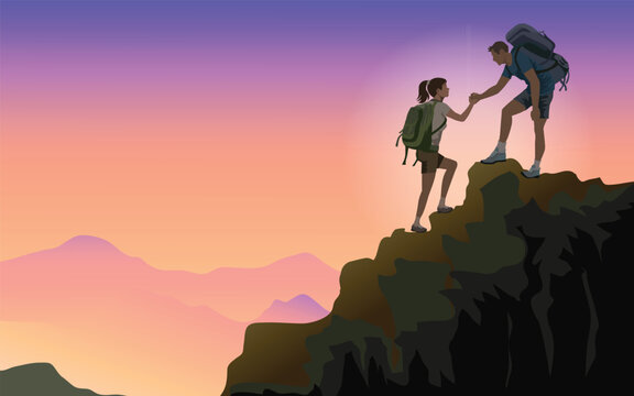 Young tourists with backpacks, strong boys help skinny girls to climb rocky mountains against sun setr sky and mountain range background. Travel, travel and healthy lifestyle. illustration