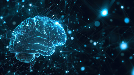 a blue abstract illustration of a human brain.