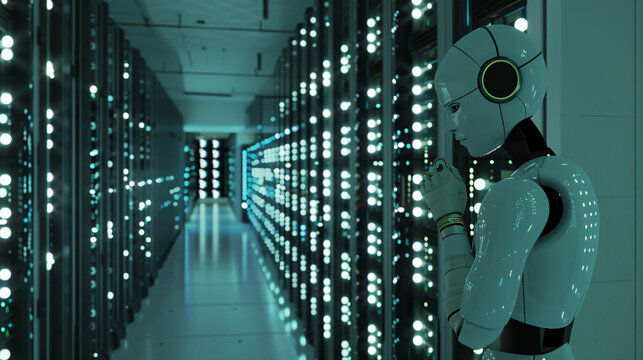 a server room, with rows of servers where humanoid and non humanoid robot performing maintenance.