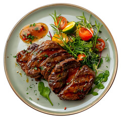 fresh red beef meat steak barbecue garnished vegetable salad sweet potato and basil on black plate isolated over white background ai generated 