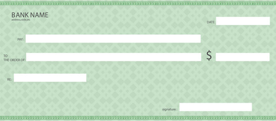Blank bank cheque. Personal desk check template