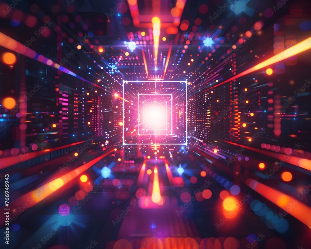 Poster a mesmerizing digital depicting a quantum computer with qubits orbiting in a futuristic