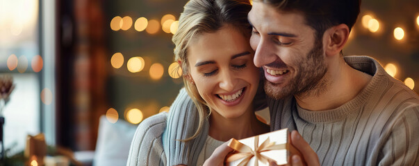 A couple is hugging and smiling while holding a gift. Scene is happy and joyful