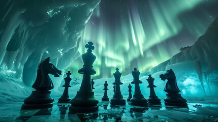 a chess match illuminated by the ethereal light of the aurora in an ice cave - obrazy, fototapety, plakaty