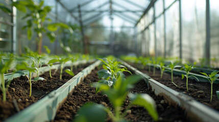 A greenhouse with plants growing in it. The plants are green and healthy. The greenhouse is a controlled environment, which allows the plants to grow in optimal conditions
