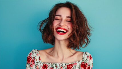 Portrait of a beautiful young woman with red lips and curly hair on a blue background