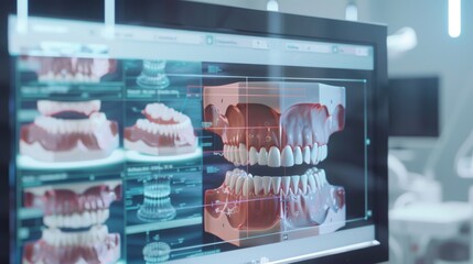A 3D visualization of holographic dental displays showing different angles of teeth, illustrating advanced diagnostic technology in dentistry and medical imaging.