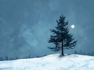 Resilient Pine Tree Stands Tall on Snowy Hilltop Under Dramatic Moonlit Sky