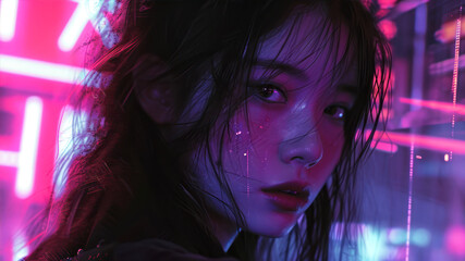 Portrait of a beautiful young asian woman in neon light.