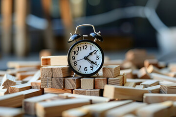 Business strategy, risk, and planning deadline time represented by an alarm clock on wooden blocks