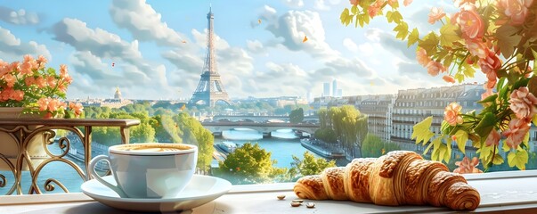Parisian Balcony Breakfast with Eiffel Tower Backdrop Cozy Cityscape and Culinary Delight - obrazy, fototapety, plakaty