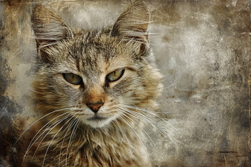 Close-up of a Cat Superimposed on a Textured Grunge Vintage Background