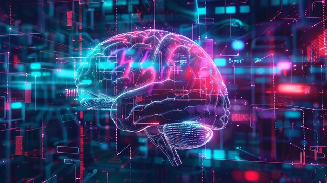A neon cyber brain 3D animation, floating in a vivid digital data space with pink and turquoise highlights, symbolizing artificial intelligence, cognitive science, and futuristic concepts