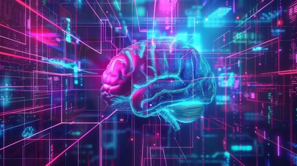 A neon cyber brain 3D animation, floating in a vivid digital data space with pink and turquoise highlights, symbolizing artificial intelligence, cognitive science, and futuristic concepts