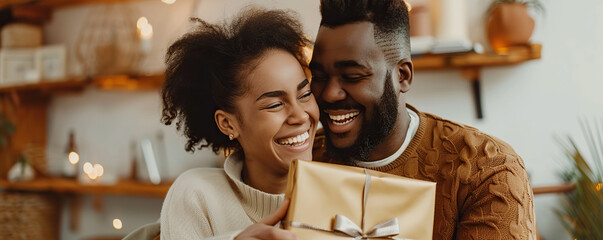 A man and woman are hugging and smiling while holding a gold wrapped gift. Scene is happy and joyful, as the couple is celebrating a special occasion together