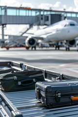 Airport luggage handling: transfer from cart to luggage carousel with airplane and cargo loading in the backdrop and detail of suitcases