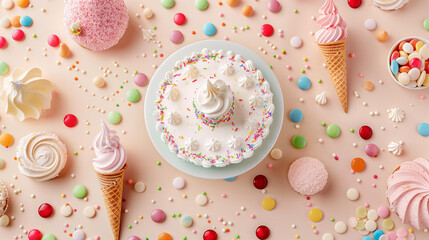 top view pattern of a birthday party table with a cake, meringue cookies and ice cream cones, surrounded candy in bright pastel colors on a beige background