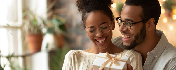 A man and woman are smiling and holding a white gift box. The woman is wearing glasses and the man is wearing a white shirt