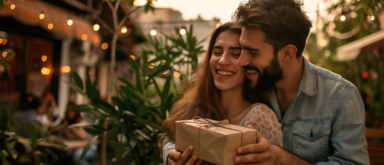 A man and woman are hugging and the man is holding a gift for the woman. Scene is happy and loving