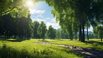 Tree in Fantasy World, A blue sky and Green Field.  Natural Landscape
