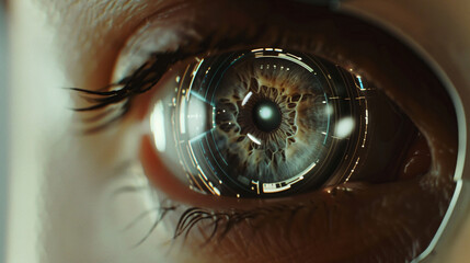 close up of a bionically enhanced eye with reflections 