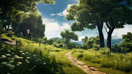 Fototapeta na wymiar Tree in Fantasy World, A blue sky and Green Field. Natural Landscape 
