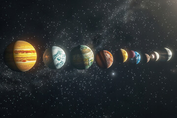 Generative ai on theme of parade of planets in solar system, bright stars glow in atmosphere