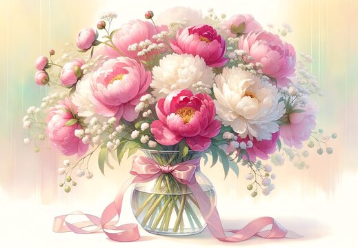  Watercolor of Peony Flowers in Vase