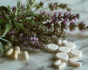 Macro shot of medicinal herbs alongside modern pills, bridging traditional and modern medicine