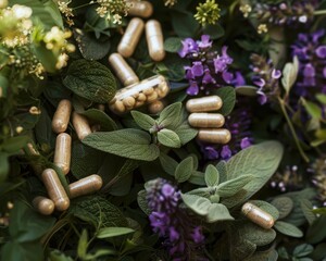 Natural herbal supplements carefully placed among lush green leaves and purple flowers, emphasizing holistic health.