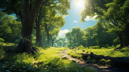 Tree in Fantasy World, A blue sky and Green Field.  Natural Landscape
