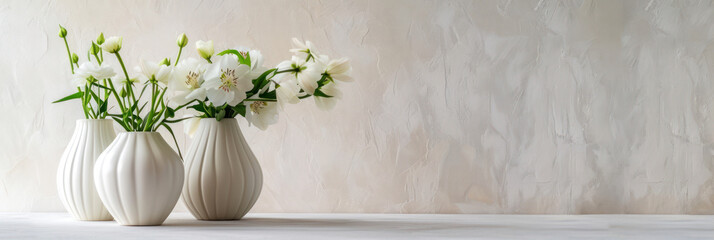 White flowers in vases on a light background. Space for text.