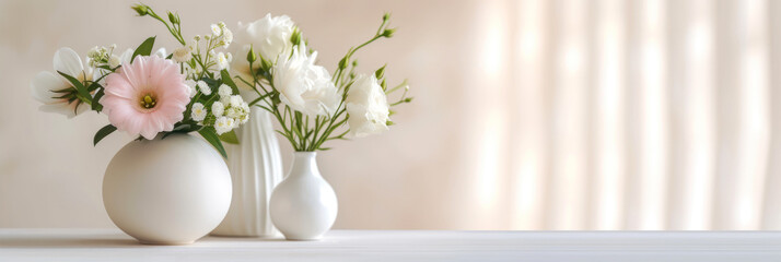 Bouquet of beautiful flowers in white vase on white wood table.