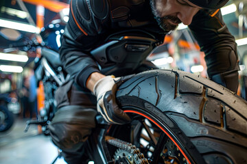 Motorcycle technician repairing the rear tire