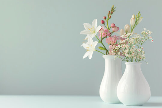 White vase with spring flowers on pastel background, copy space