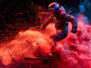Snowboarder soaring through a pink cloud of powder in the world of sports. AI generated. 